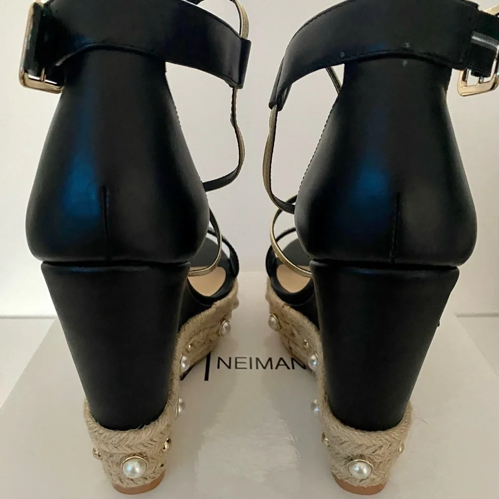 Neiman Marcus Luxy Pearls Wedges Sandals  Black/ Gold